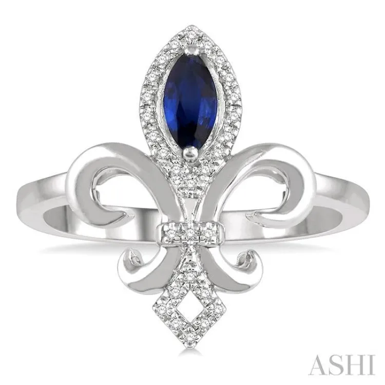 1/10 Ctw Marquise Shape 6x3 MM Sapphire & Round Cut Diamond Fleur De Lis Precious Ring in 10K White Gold