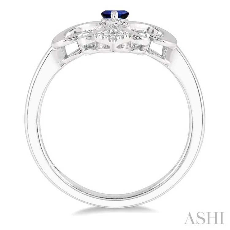 1/10 Ctw Marquise Shape 6x3 MM Sapphire & Round Cut Diamond Fleur De Lis Precious Ring in 10K White Gold