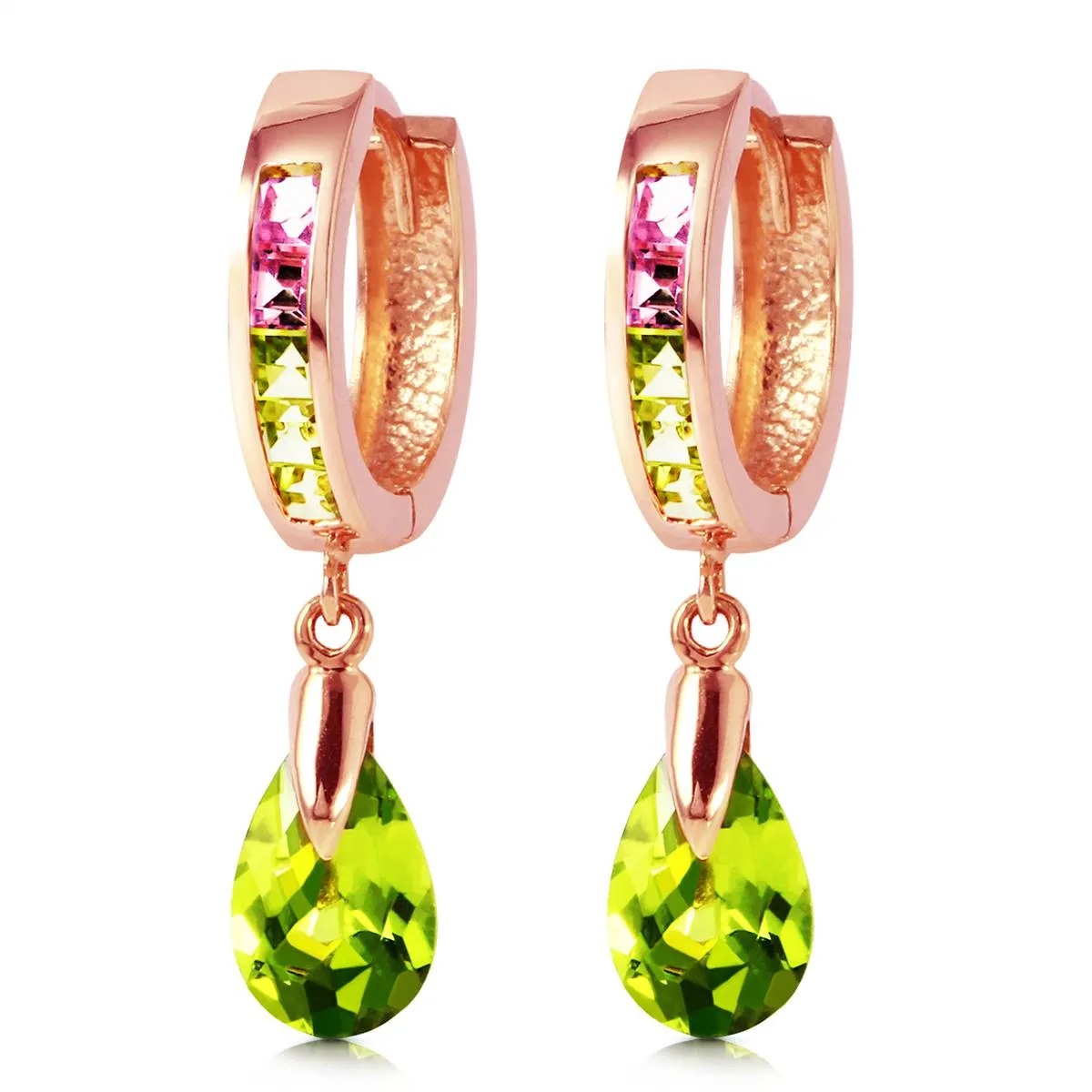 14K Solid Rose Gold Dangling Green Cubic Zirconia Pear Hoop Earrings