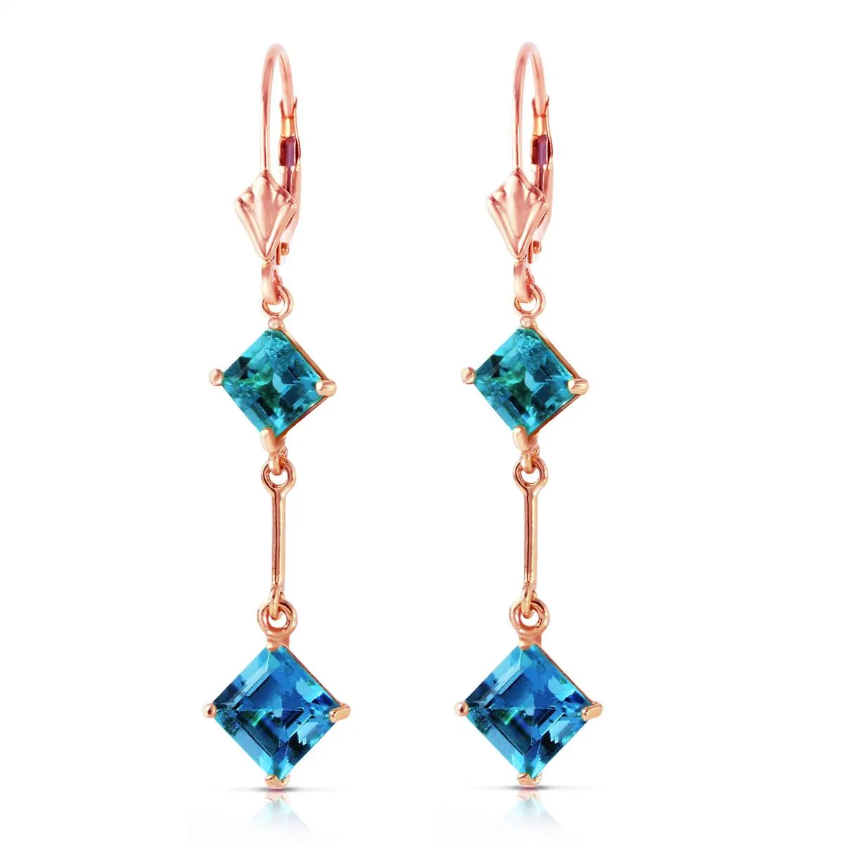 14K Solid Rose Gold Leverback Earrings Blue Topaz