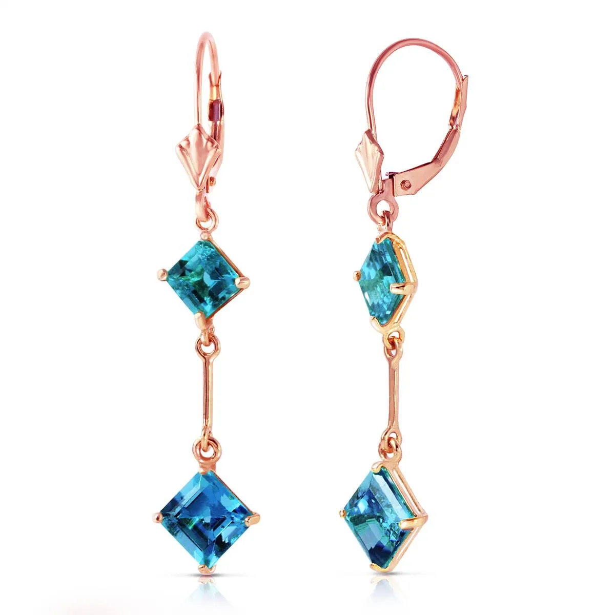 14K Solid Rose Gold Leverback Earrings Blue Topaz