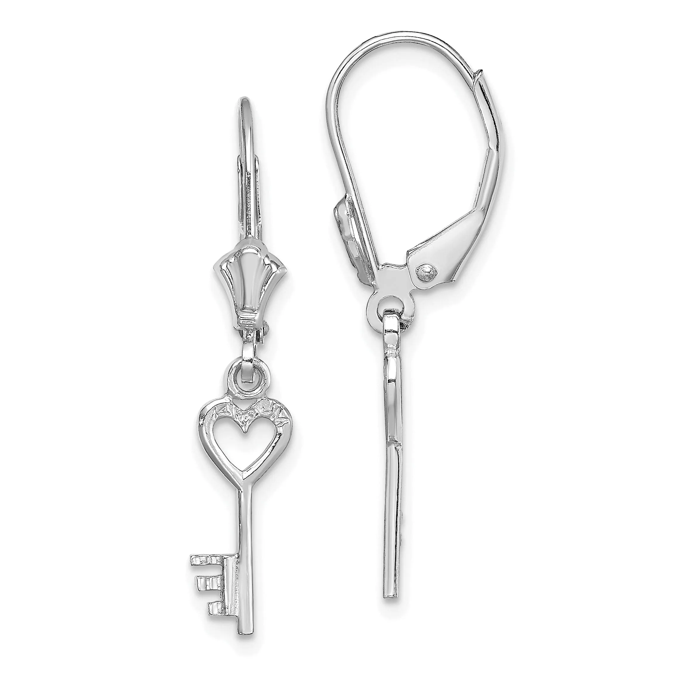 14K White Gold Rhodium Polished Finish Heart with Key Leverback Earrings