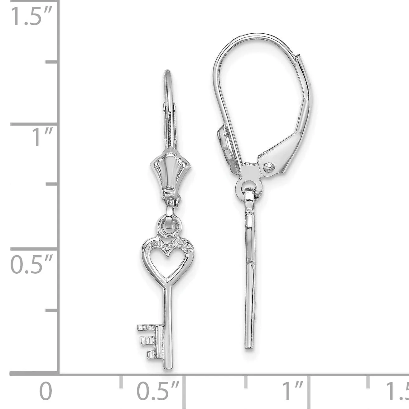 14K White Gold Rhodium Polished Finish Heart with Key Leverback Earrings