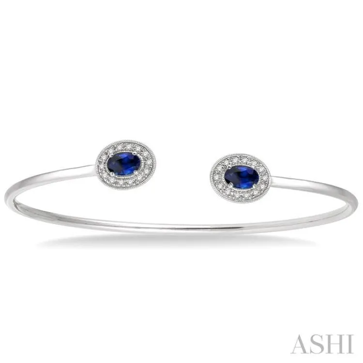 1/5 Ctw Oval Cut 6x4 MM Sapphire & Round Cut Diamond Precious Flexi Bangle in 14K White Gold