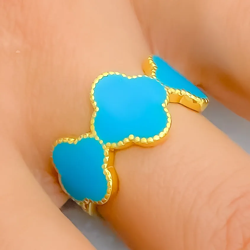 Beautiful Charming 21K Gold Clover Turquoise Enameled Ring