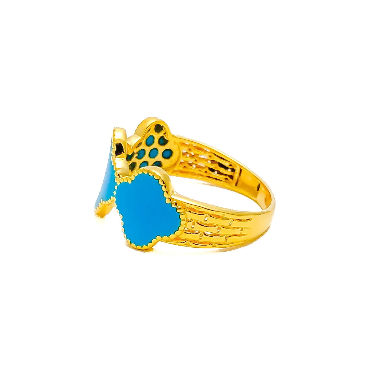 Beautiful Charming 21K Gold Clover Turquoise Enameled Ring