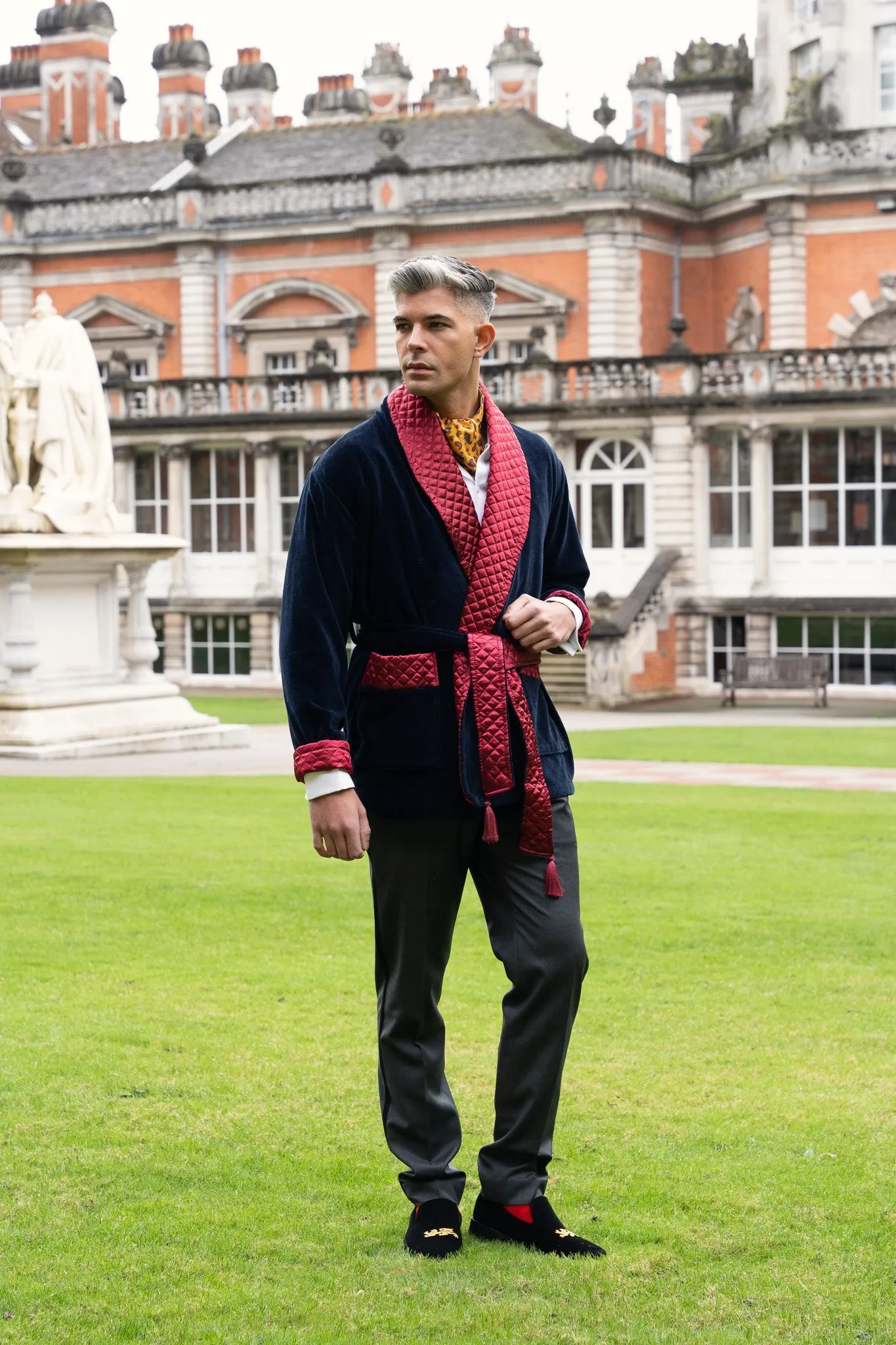 Cliveden Short Velvet Navy Smoking Jacket with Burgundy Piping