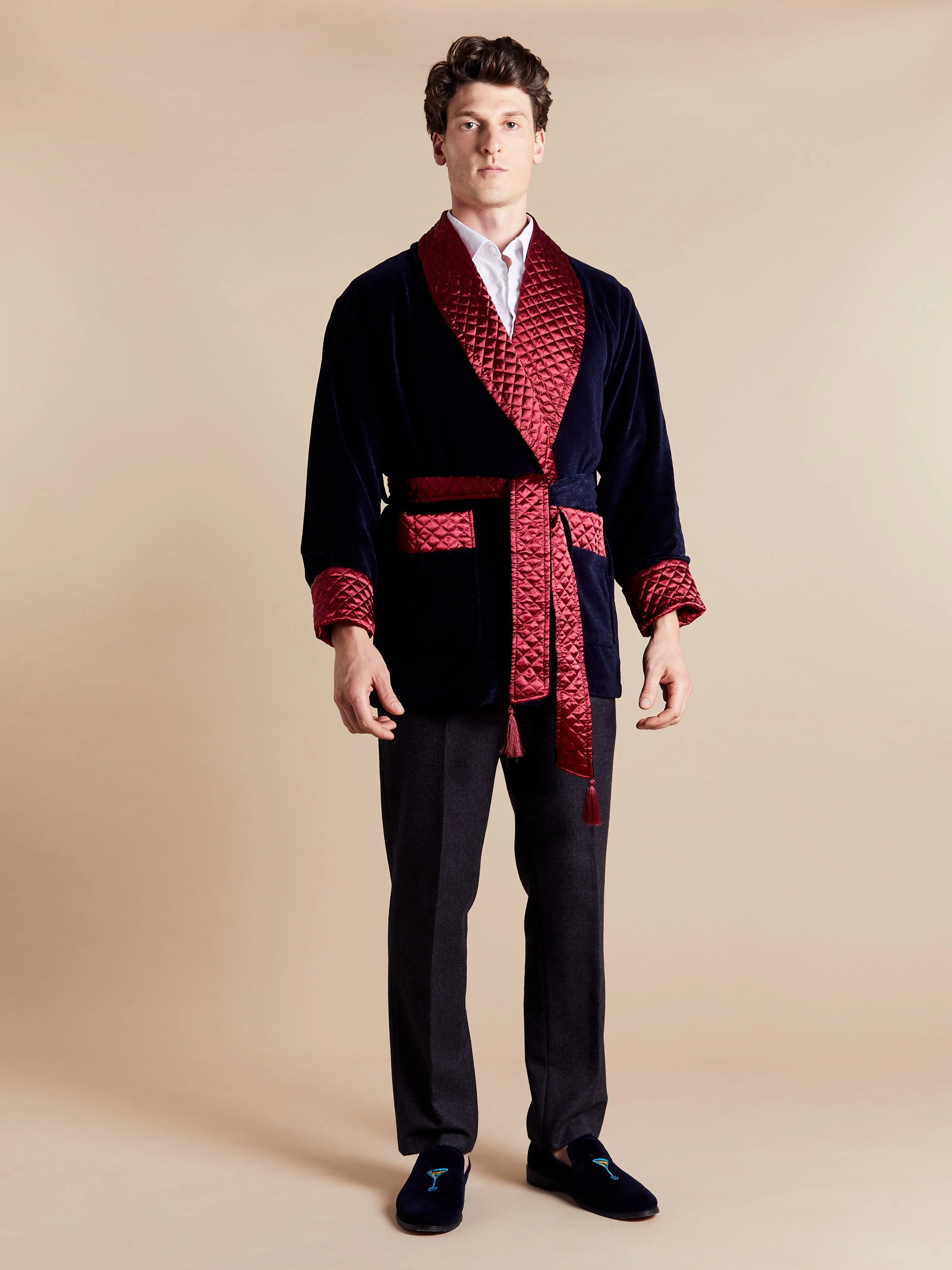 Cliveden Short Velvet Navy Smoking Jacket with Burgundy Piping