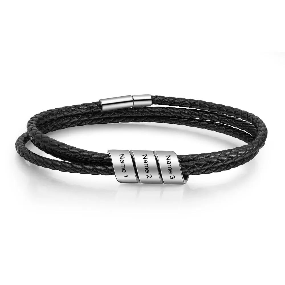 Custom Three Beads Stainless Steel Leather Bracelet