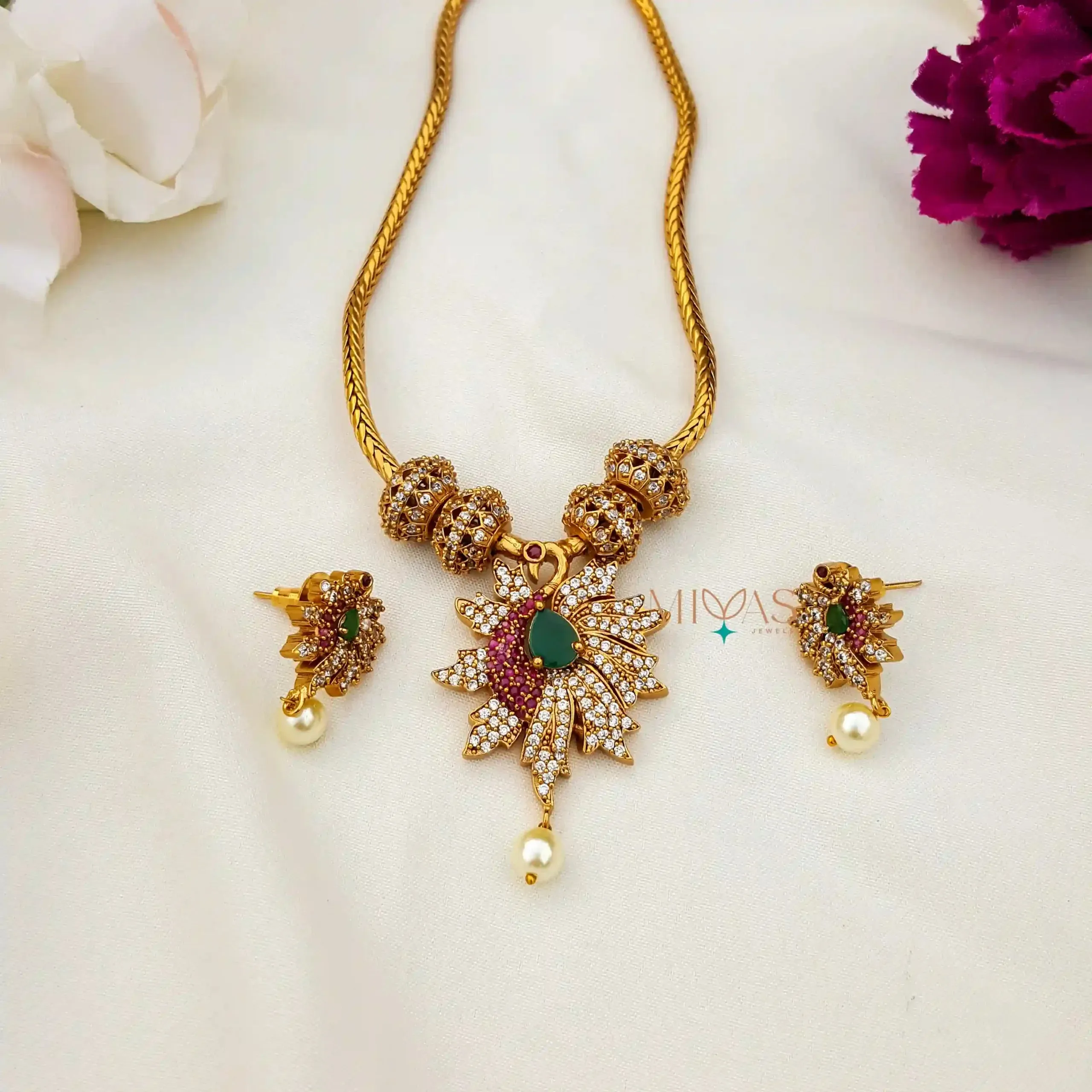 Cute Peacock Design AD Stone Short Necklace