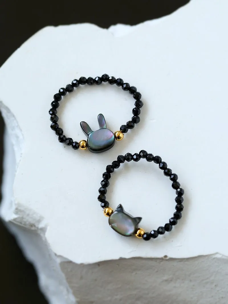 Cute Rabbit Cat Pearl Black Spinel Stretch Ring （Buy One Get One Free）