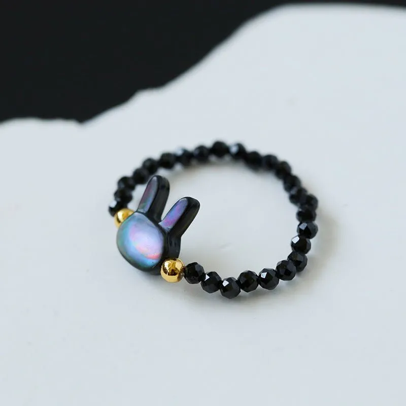 Cute Rabbit Cat Pearl Black Spinel Stretch Ring （Buy One Get One Free）