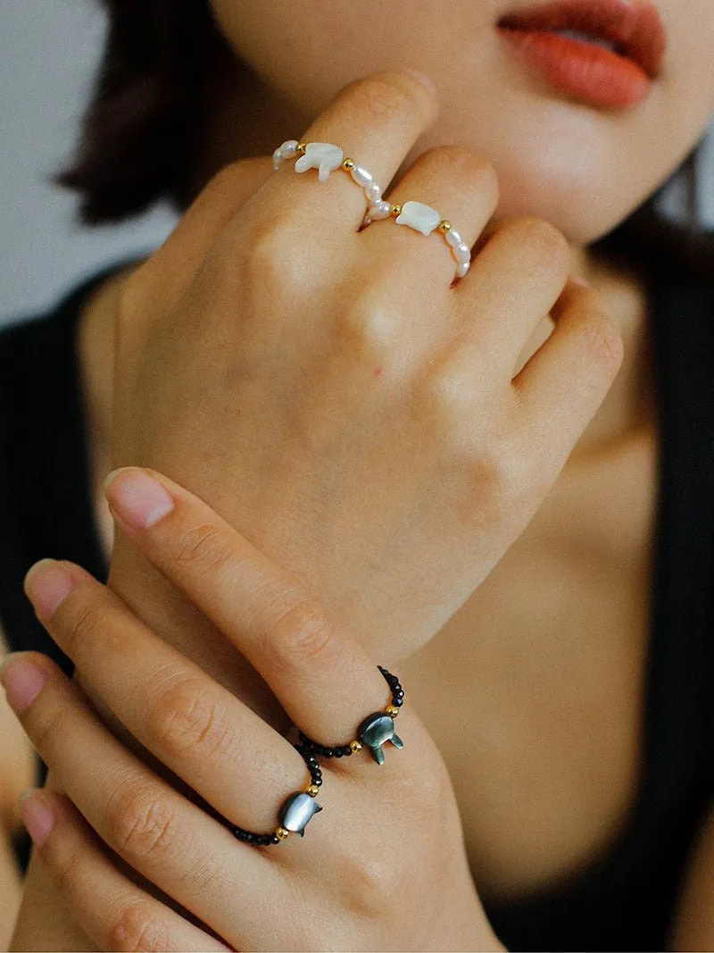 Cute Rabbit Cat Pearl Black Spinel Stretch Ring （Buy One Get One Free）