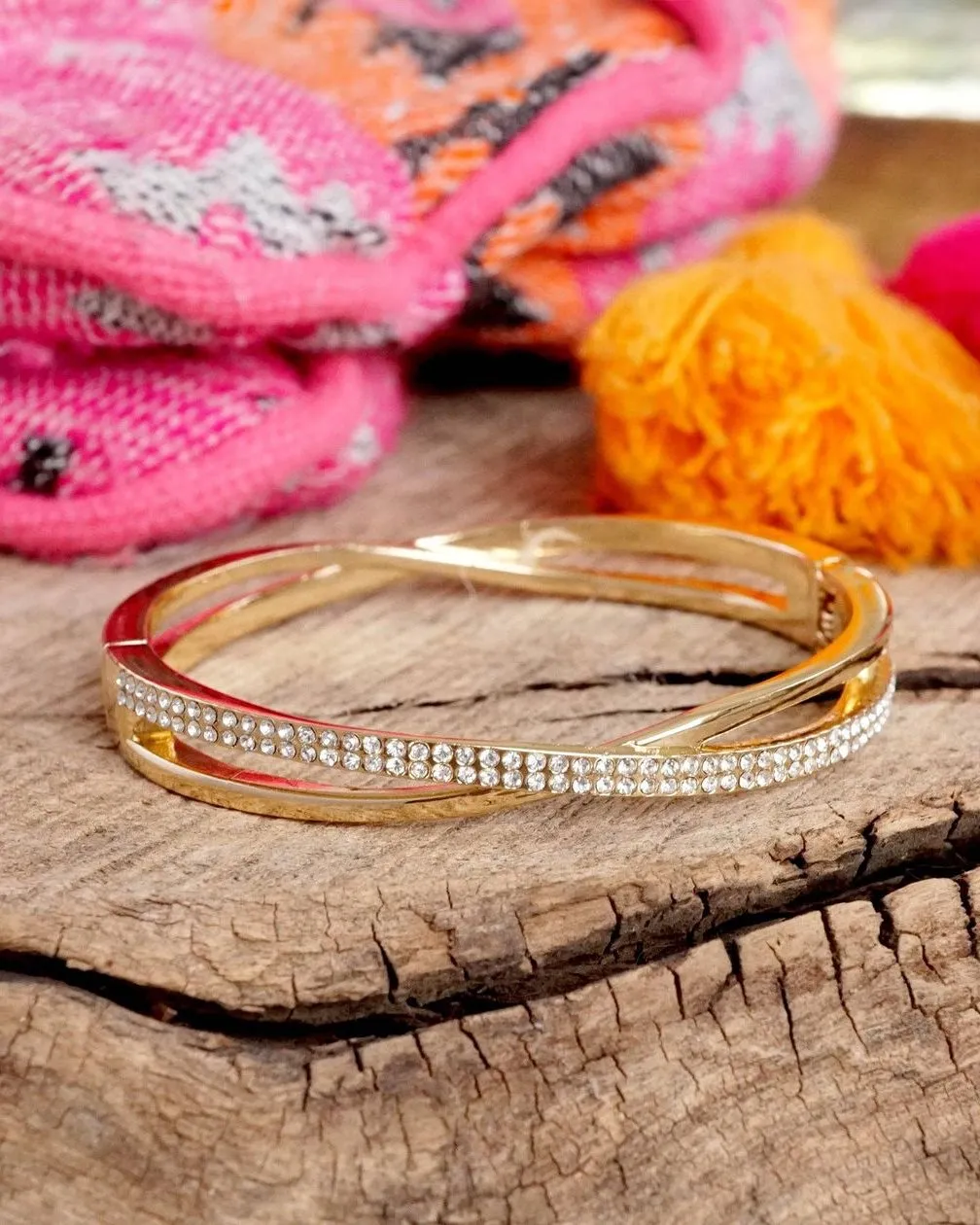 Dainty Sparkly Crossover Hinge Bangle in Gold Tone with Crystals