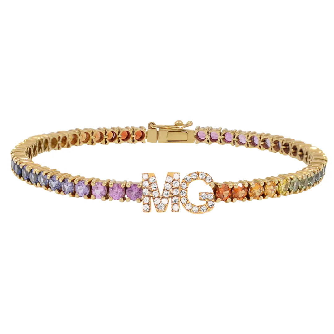 Diamond Initial Rainbow Gemstone Tennis Bracelet