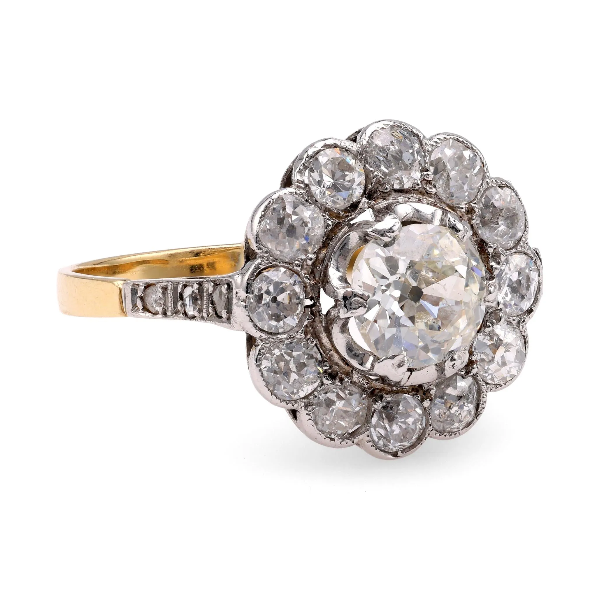 Edwardian Inspired 1.85 Carat Diamond 18K Yellow Gold Cluster Ring