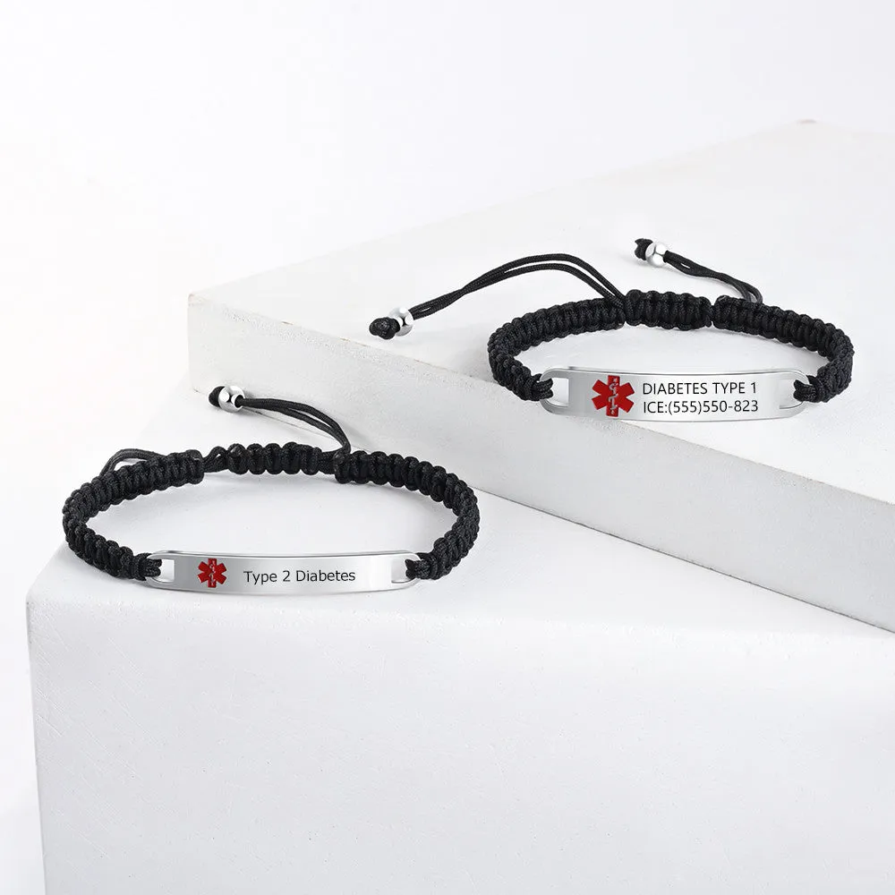 Engraved Stainless Steel Black Rope Medical Bracelet