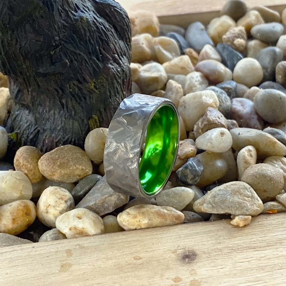 HORNET | Green Ring, Silver Titanium Ring, Hammered, Flat