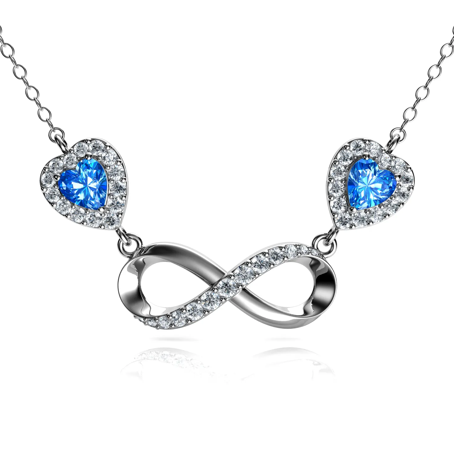 Infinity Necklace 925 Sterling Silver Pendant Blue Hearts CZ Crystals