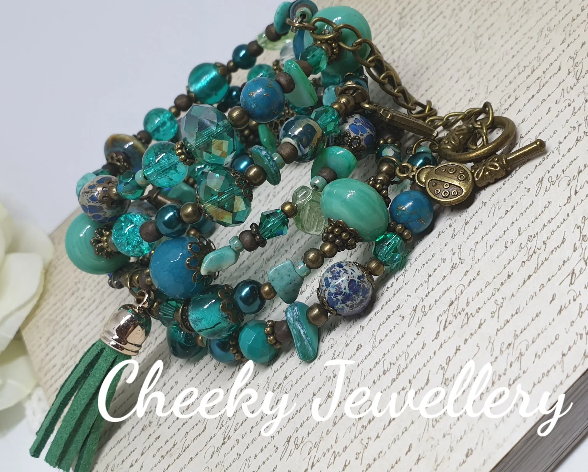 Ladies teal and bronze memory wire bracelet