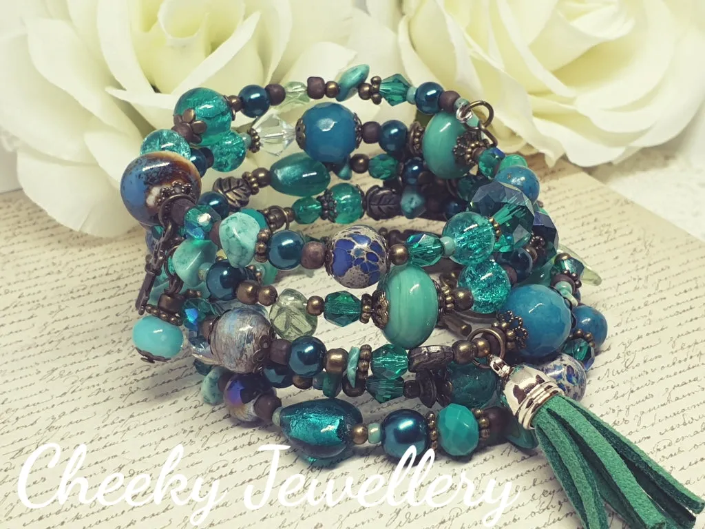 Ladies teal and bronze memory wire bracelet