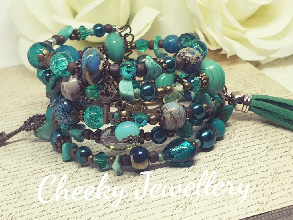 Ladies teal and bronze memory wire bracelet