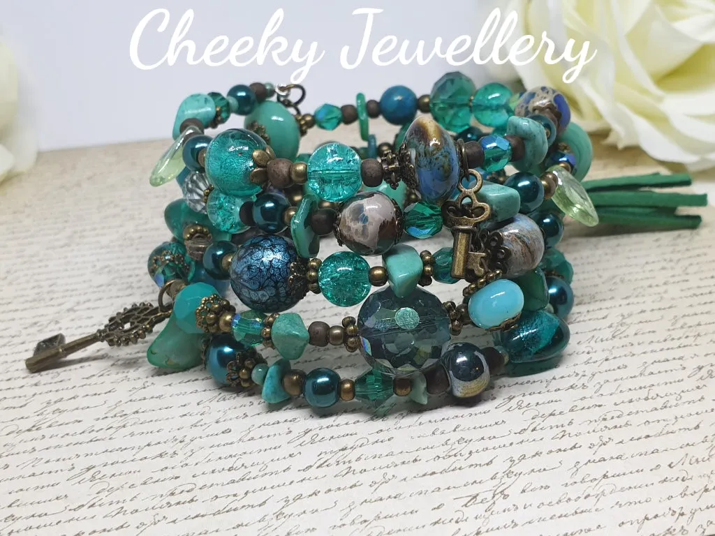 Ladies teal and bronze memory wire bracelet