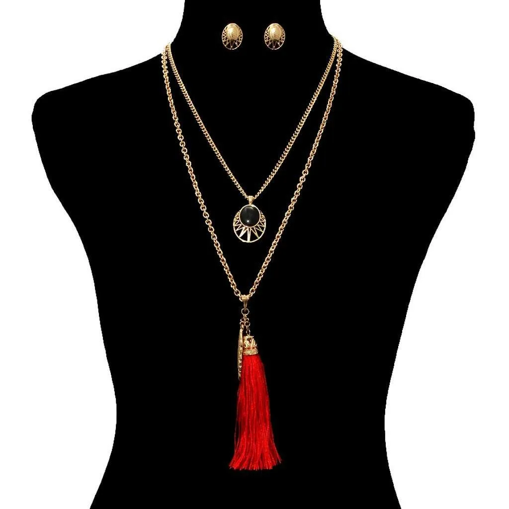 Long Layered Red Tassel and Leaf Necklace