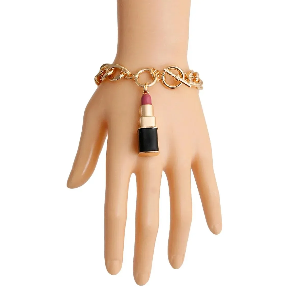 Make a Statement with Our Link Gold Tone Chain Toggle Clasp Bracelet Pink Lipstick