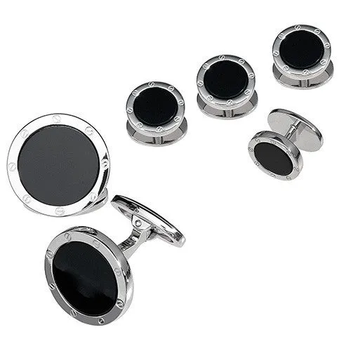 Onyx Gemstone Rivet Etch Sterling Cufflinks & Studs