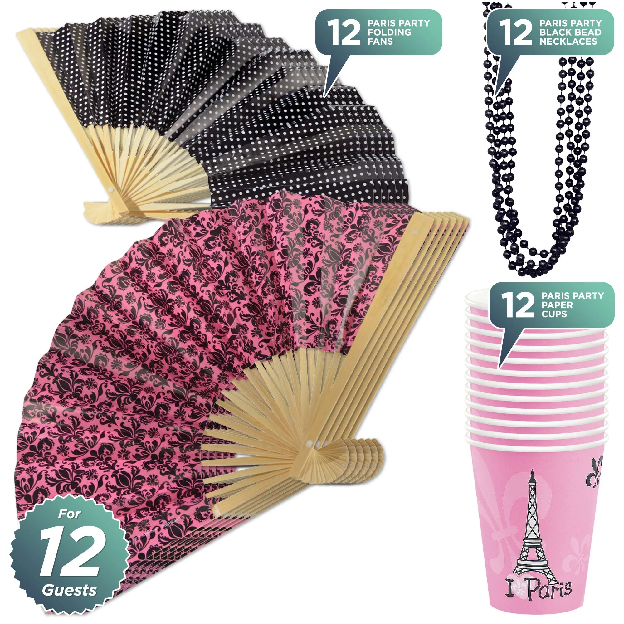 Paris Party Favors - Iconic Paris Paper Cups, Folding Fans, and Black Bead Necklaces for 12 Guests