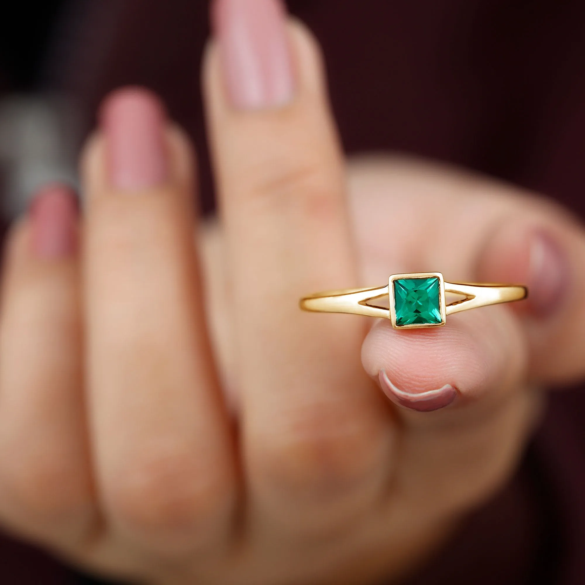 Princess Cut Lab Grown Emerald Solitaire Ring with Split Shank