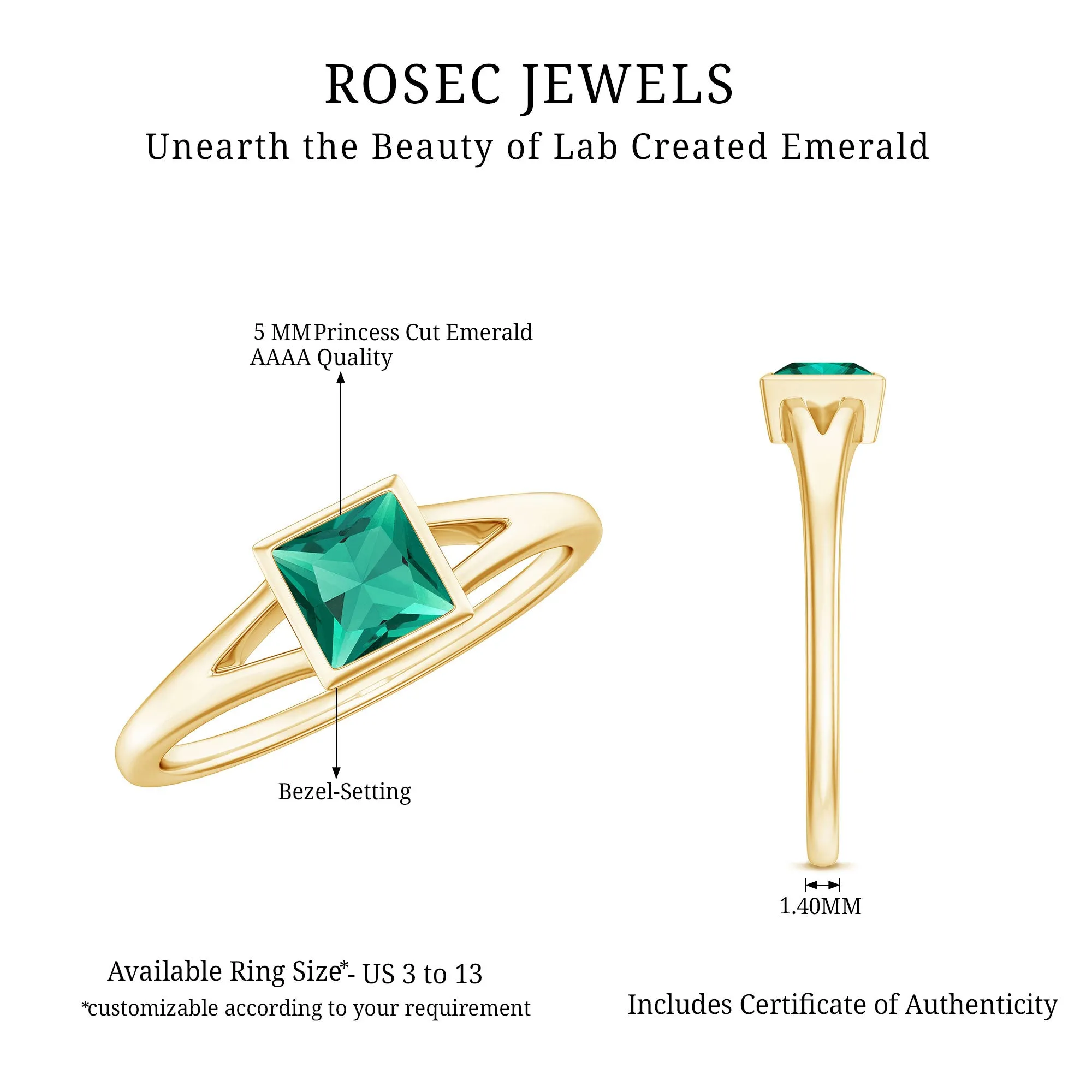 Princess Cut Lab Grown Emerald Solitaire Ring with Split Shank