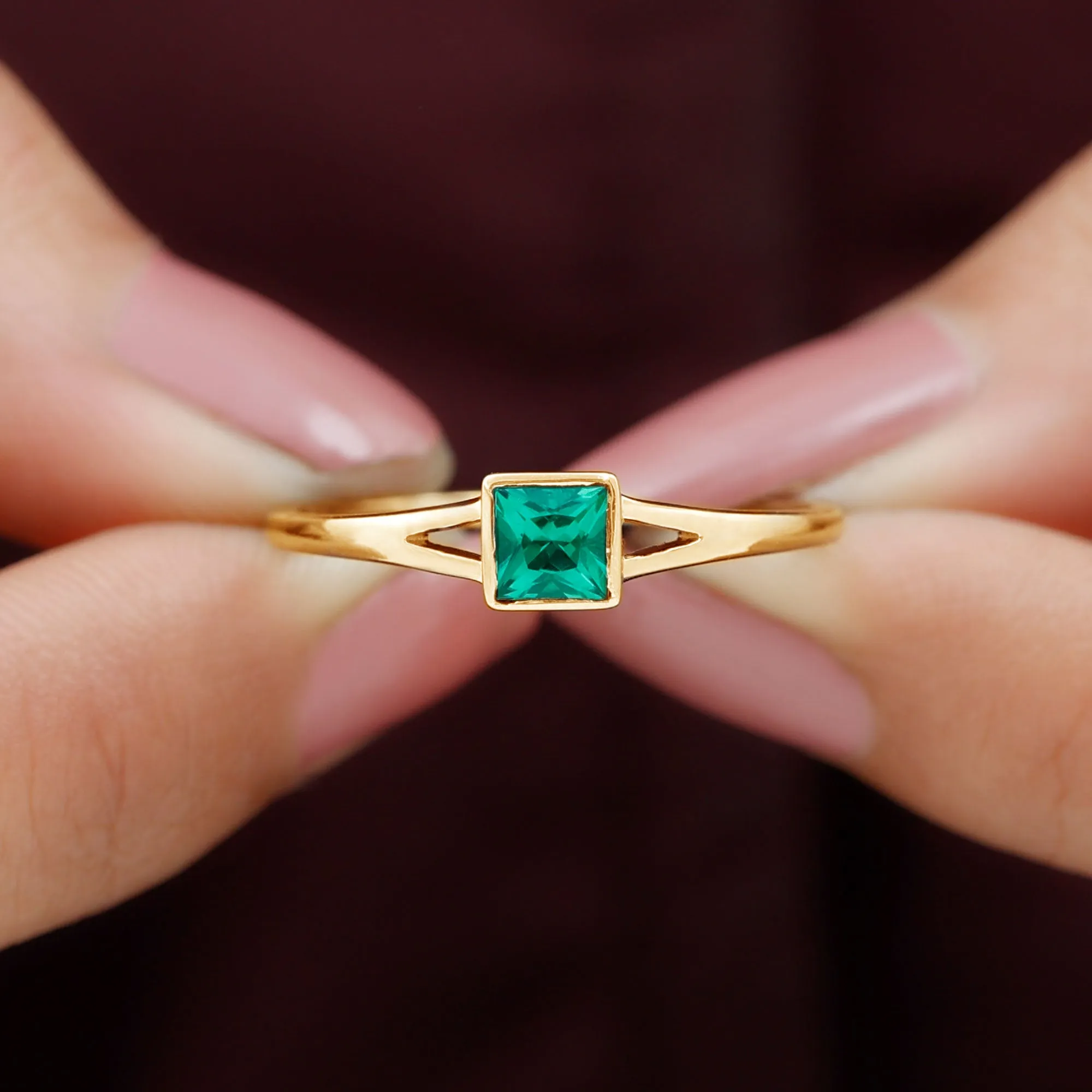 Princess Cut Lab Grown Emerald Solitaire Ring with Split Shank