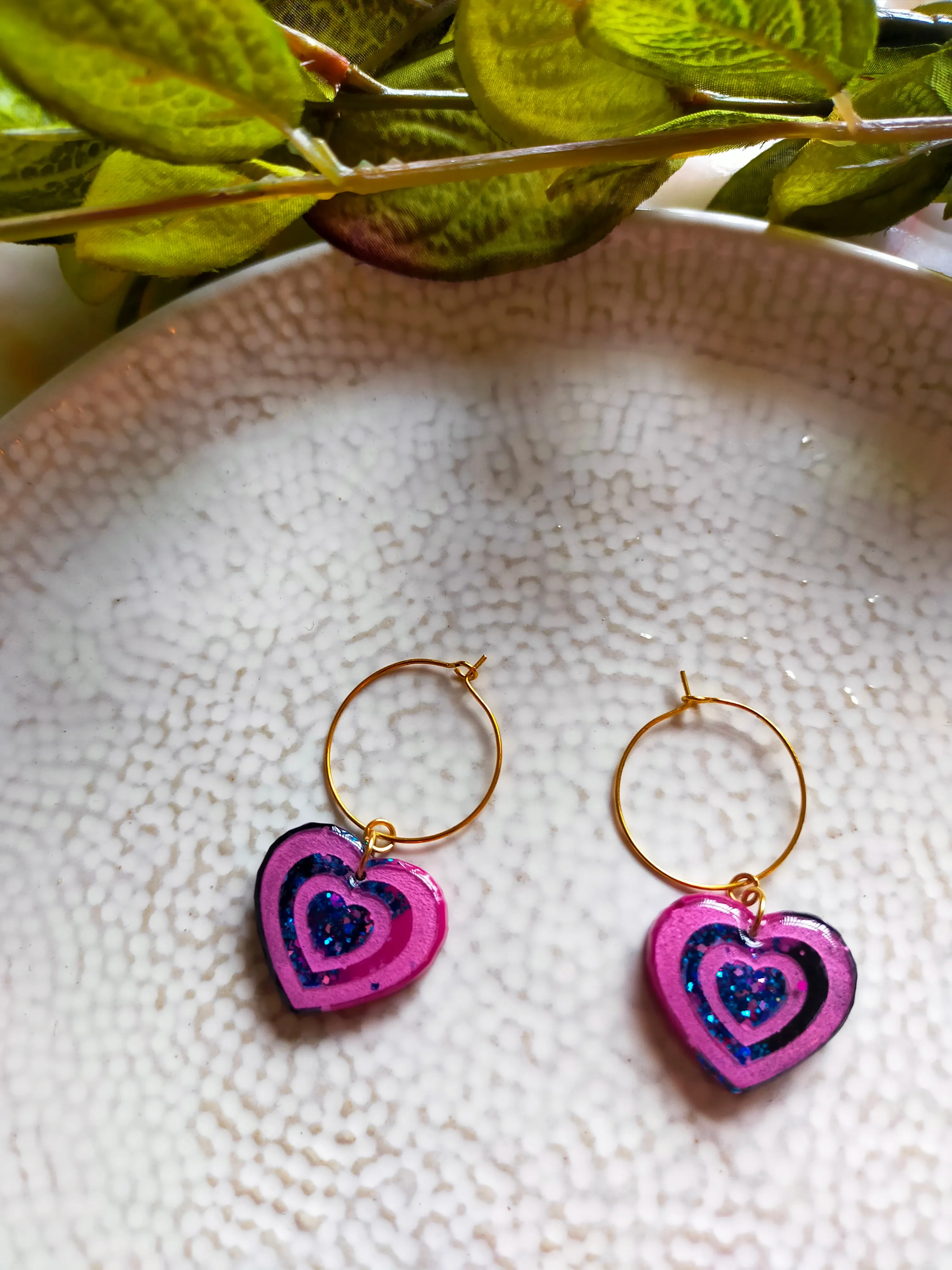 "Caro" Pink Glitter Resin Heart Hoop Earrings