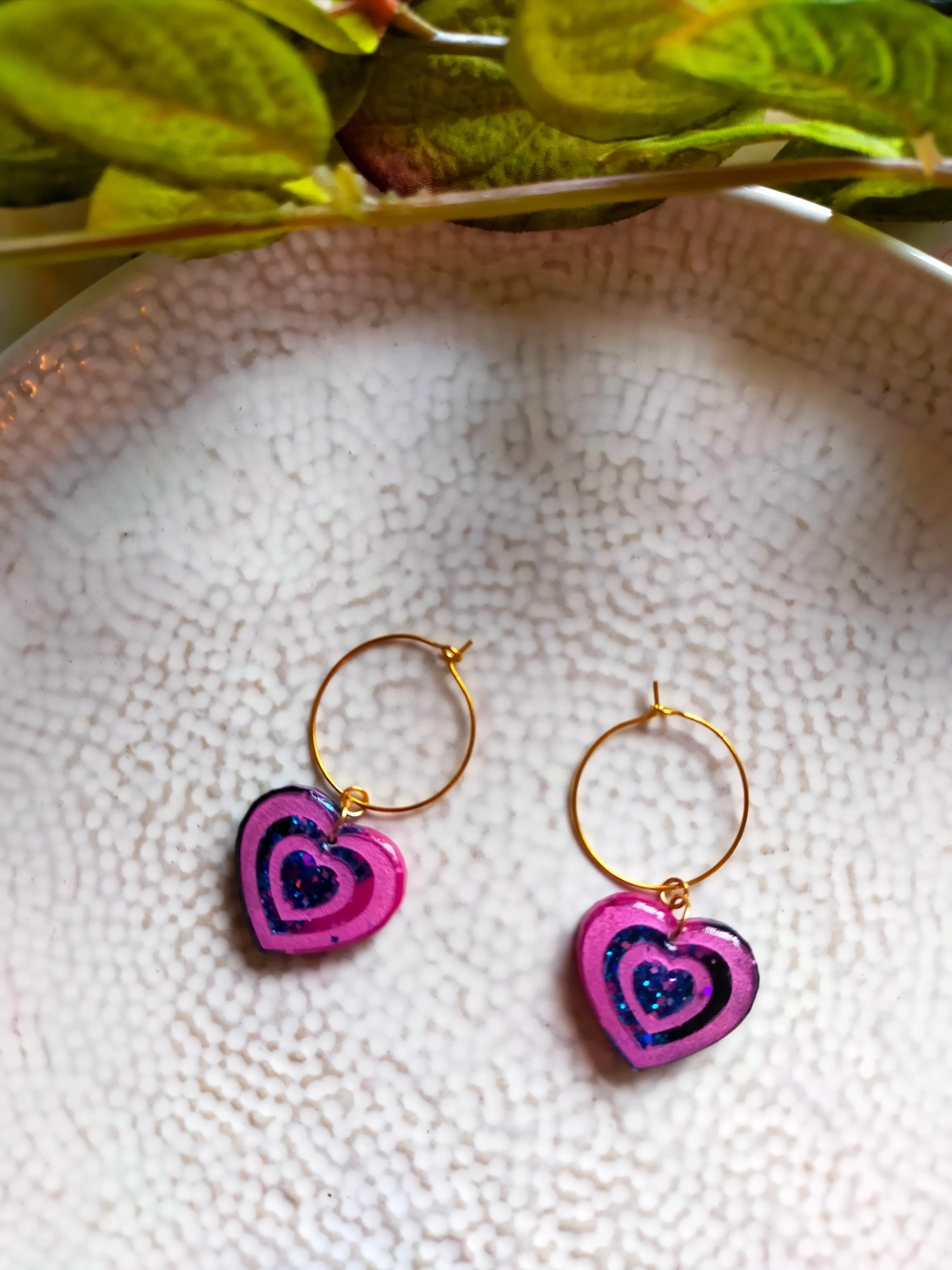 "Caro" Pink Glitter Resin Heart Hoop Earrings