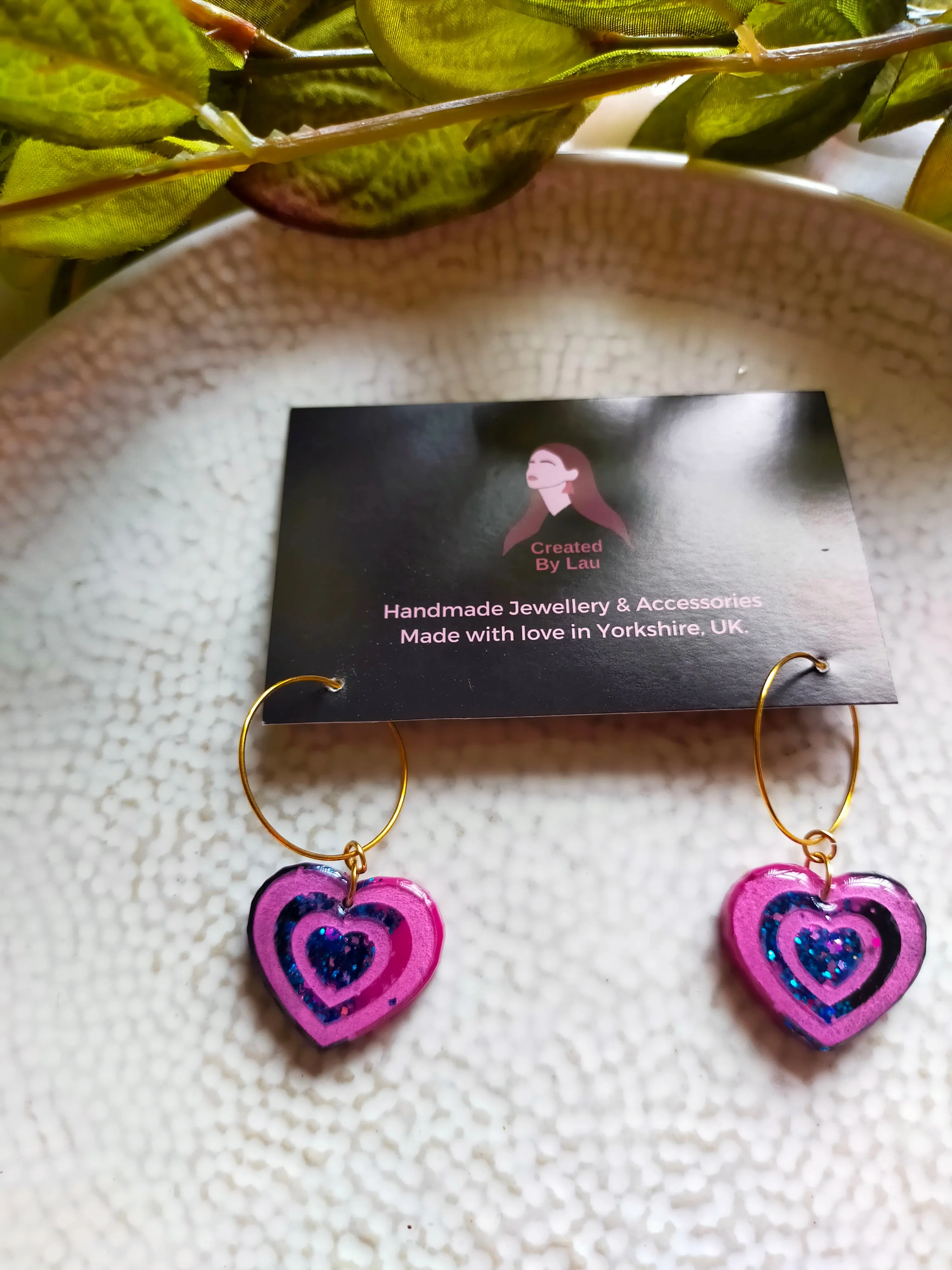 "Caro" Pink Glitter Resin Heart Hoop Earrings