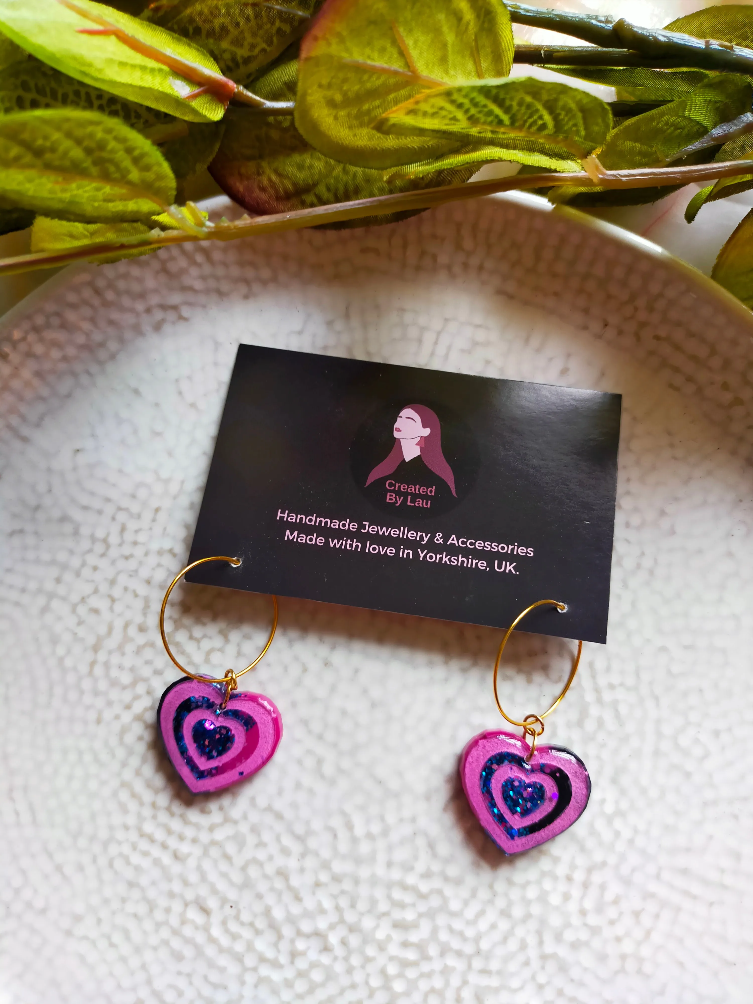 "Caro" Pink Glitter Resin Heart Hoop Earrings