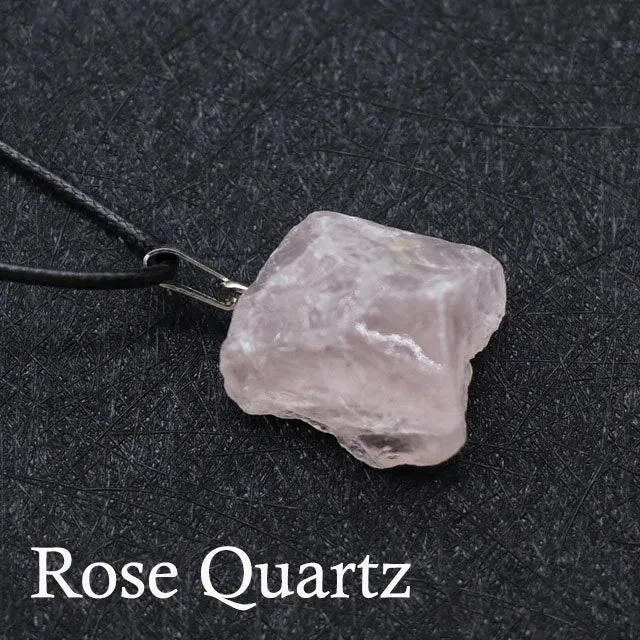 Raw Gemstone Necklace - Crystal Stone Pendant - Red Agate, Amethyst, Citrine, Green Aventurine, Rose Quartz, Strawberry Quartz, Moss Agate