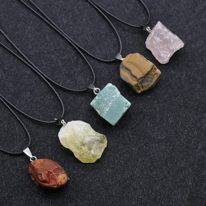 Raw Gemstone Necklace - Crystal Stone Pendant - Red Agate, Amethyst, Citrine, Green Aventurine, Rose Quartz, Strawberry Quartz, Moss Agate