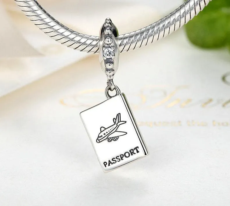 Silver Airplane Passport Dangle Bead Charm