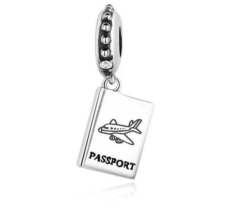 Silver Airplane Passport Dangle Bead Charm