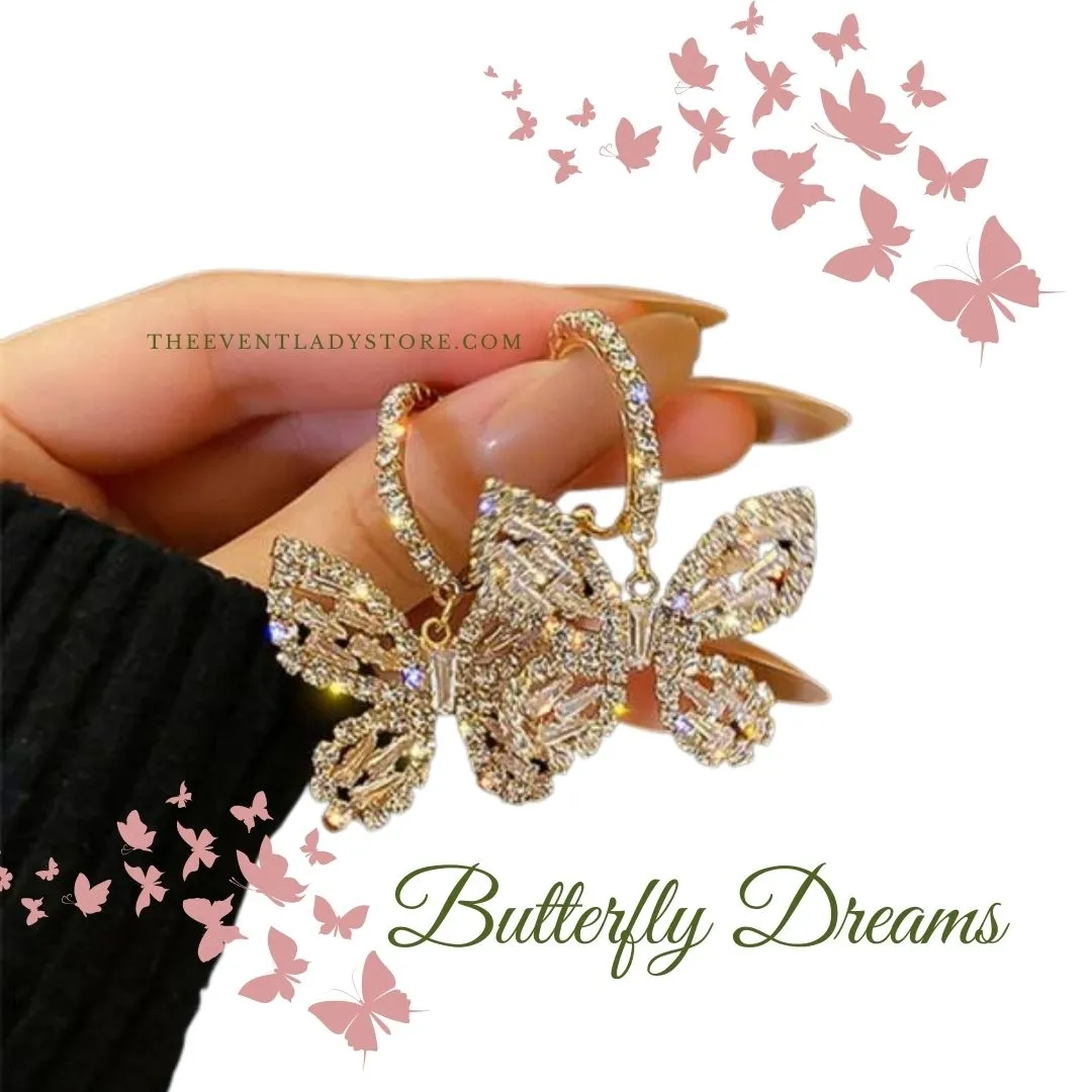 Stylish Zircon Crystal Golden Butterfly Dangle Earrings-Gold or Blue Rhinestone-Fashion Jewelry