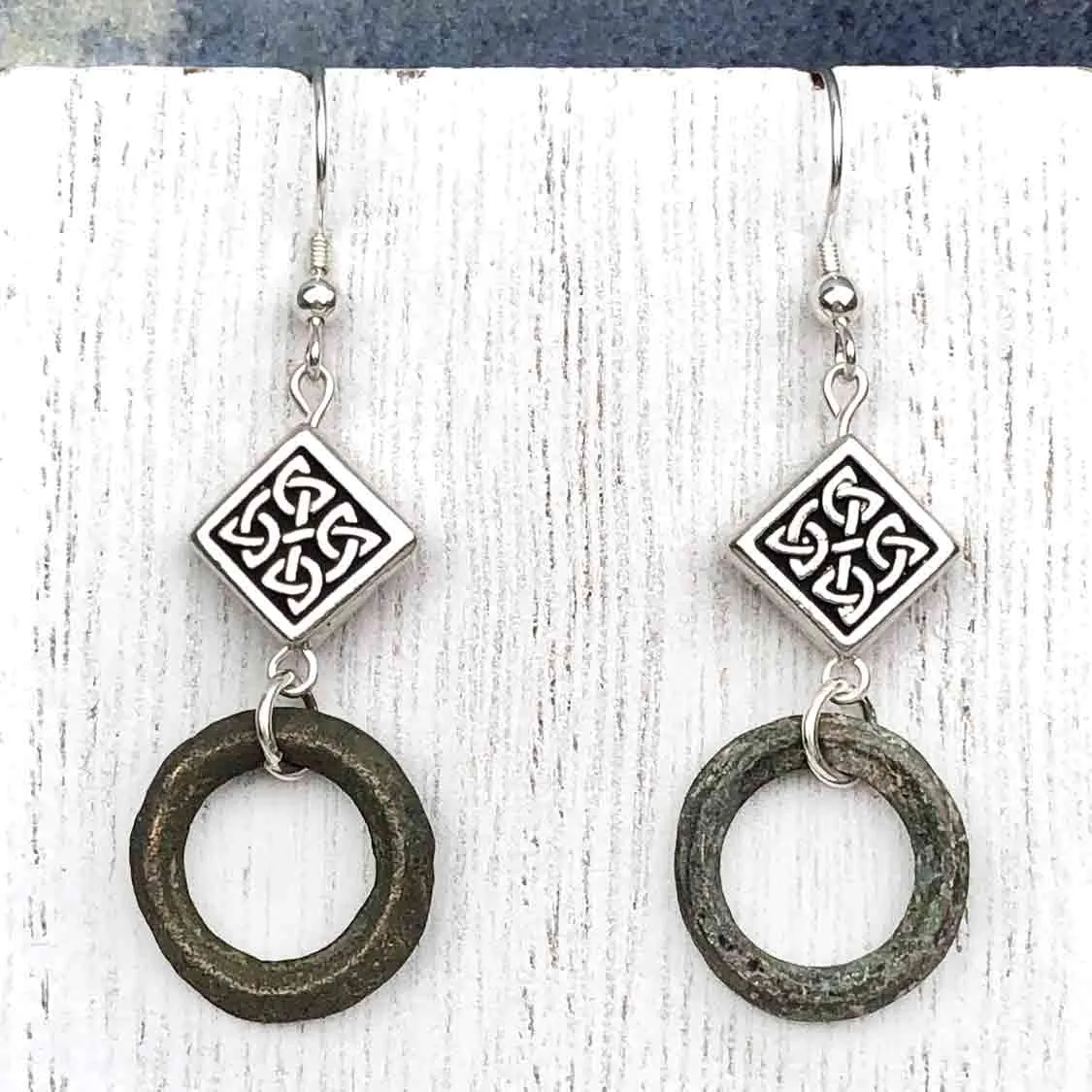 Thick Smooth Bronze Celtic Ring Money Earrings with Celtic Knot Charms | Artifact #6589