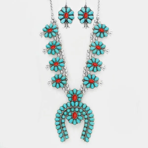 Turquoise & Red Utah Squash Blossom Necklace