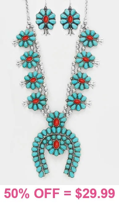 Turquoise & Red Utah Squash Blossom Necklace