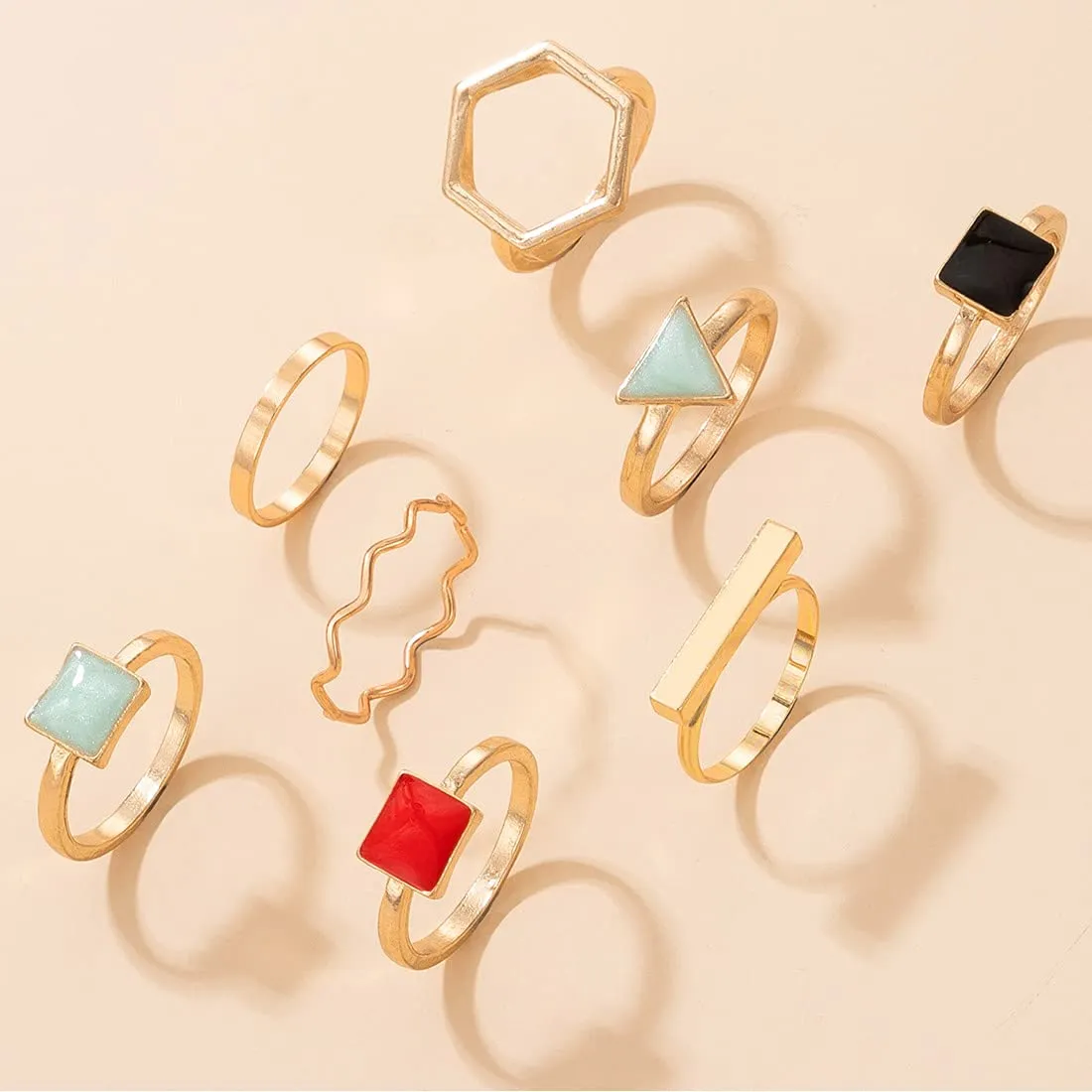 Yellow Chimes Rings for Women 8 Pcs Ring Set Gold Plated Stone Studded Geometric Multicolor Midi Finger Knuckle Rings for Women and Girls.